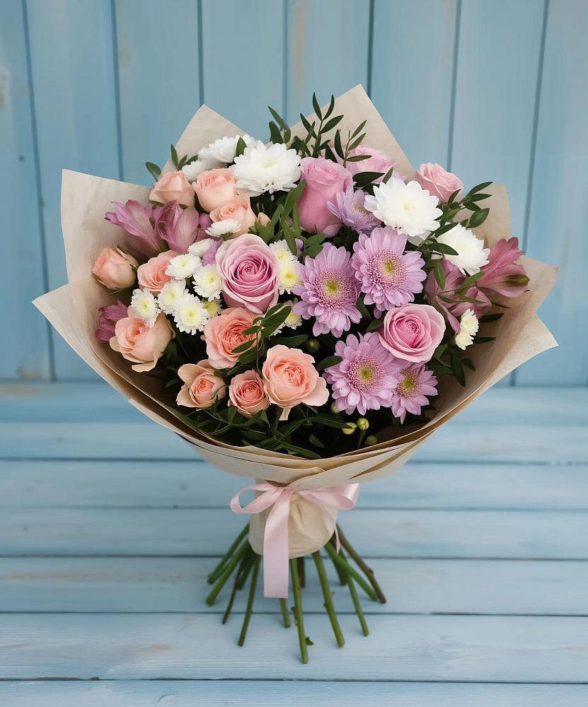 Букет цветов из: Хризантемы, Розы и Альстромерии в Больших Салах