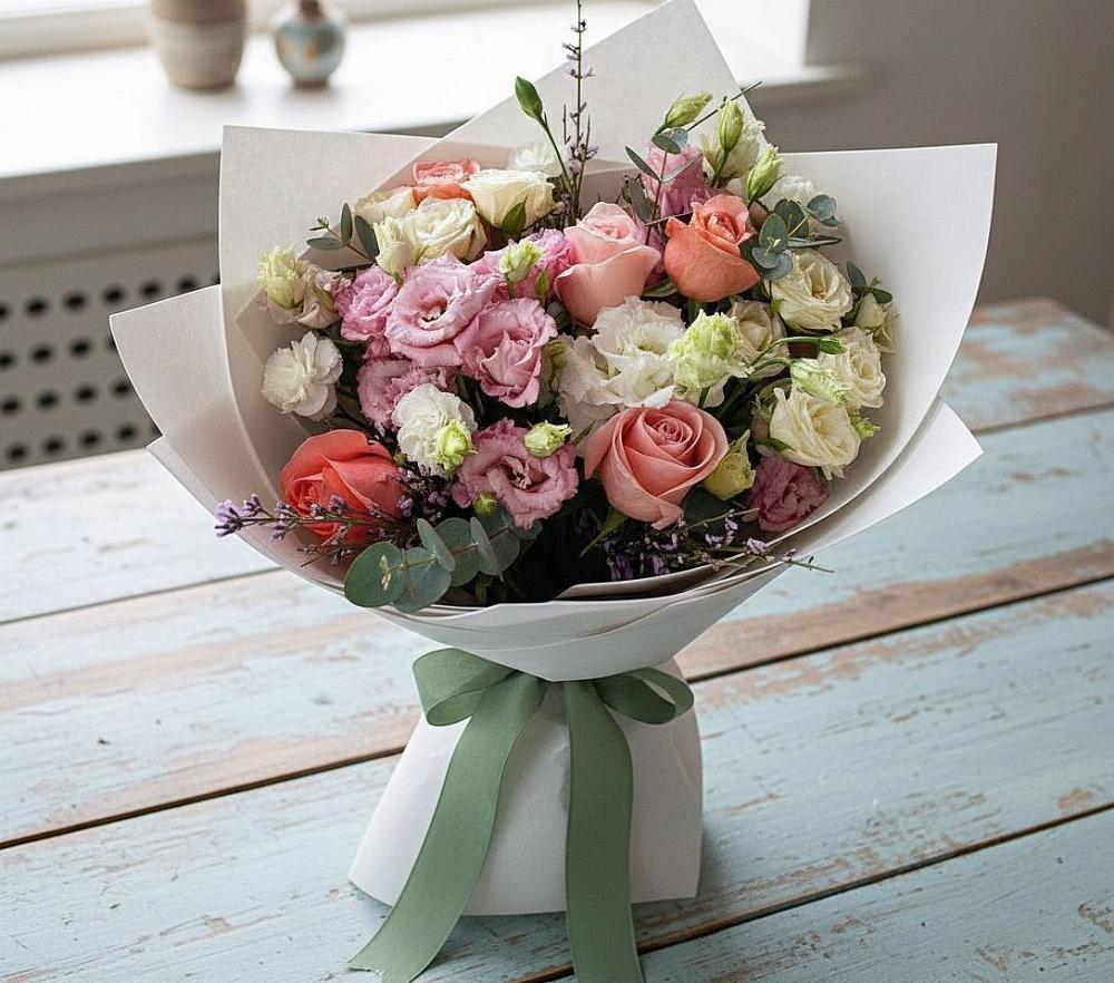 Букет цветов из: Розы, Лизиантусы и Гвоздики в Больших Салах