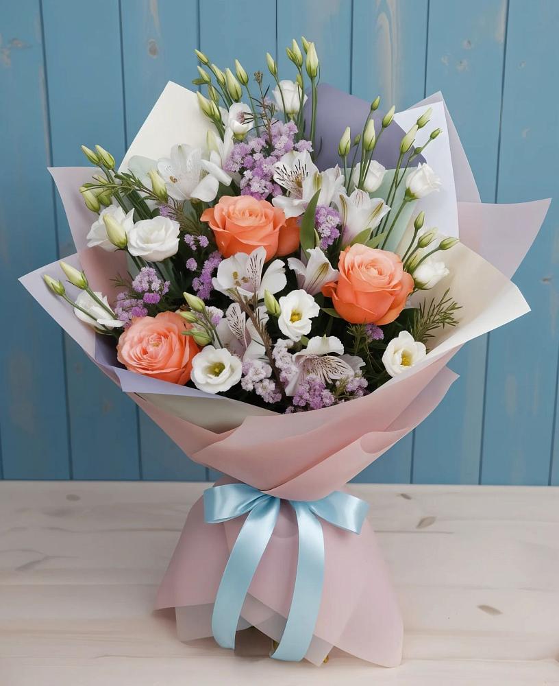 Букет цветов из: Лизиантусы, Розы, Альстромерии и Гипсофила в Больших Салах