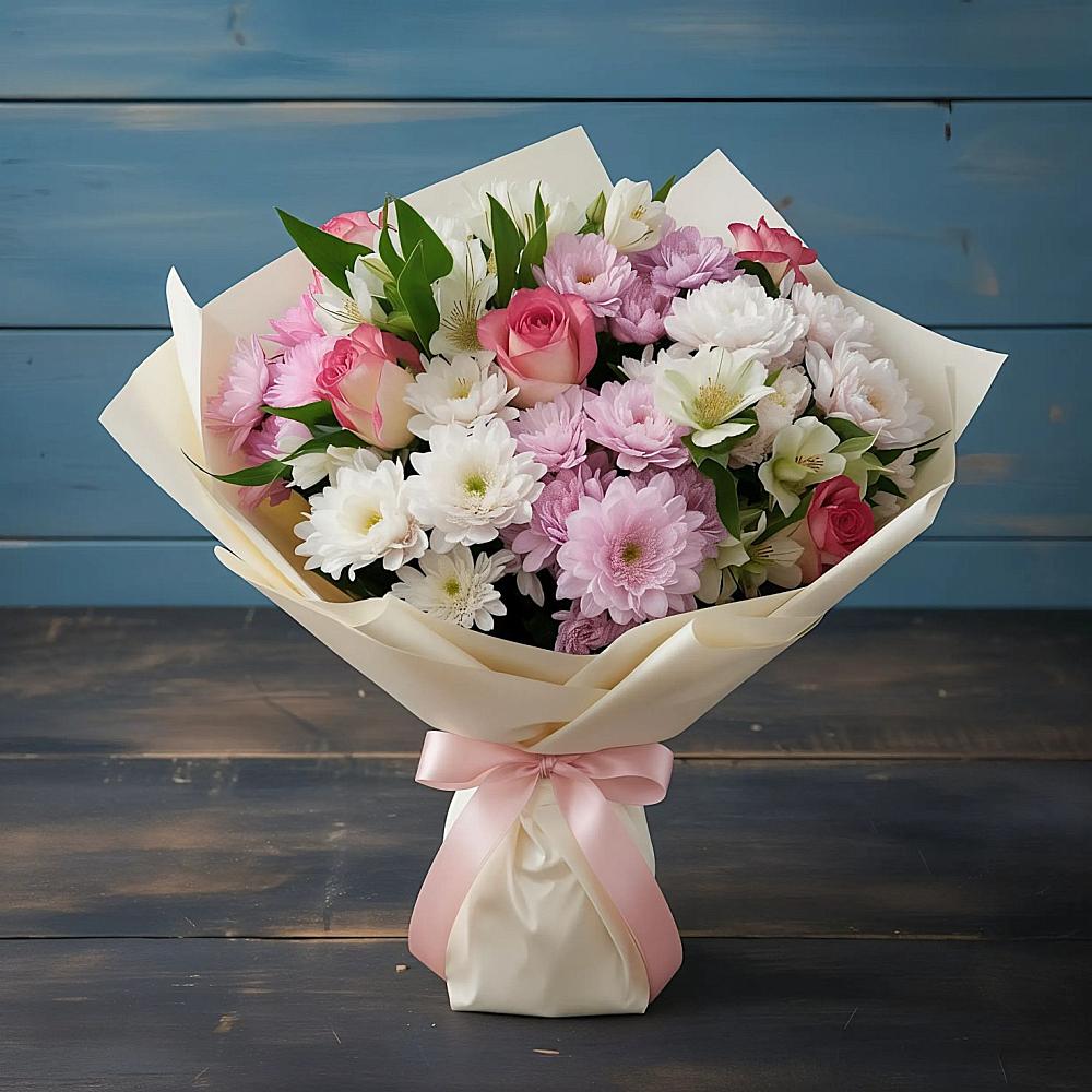 Букет цветов из: Хризантемы, Альстромерии и Розы в Больших Салах